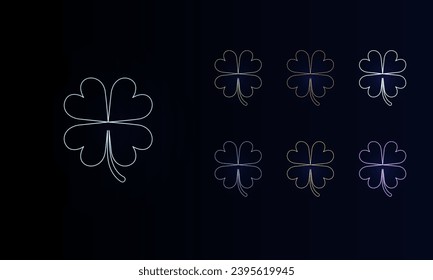 Un conjunto de símbolos neones de trébol de cuatro hojas. Conjunto de símbolos de color diferentes, brillo de neón débil. Ilustración del vector sobre fondo negro