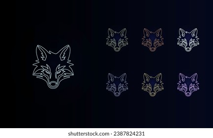 A set of neon fox's head symbols. Set of different color symbols, faint neon glow. Vector illustration on black background