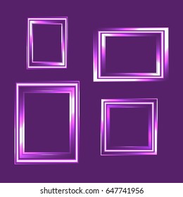 Set of neon frame isolated on purple background. Classic style composition. Blank picture frame template. Modern design element for you product mock-up or presentation.