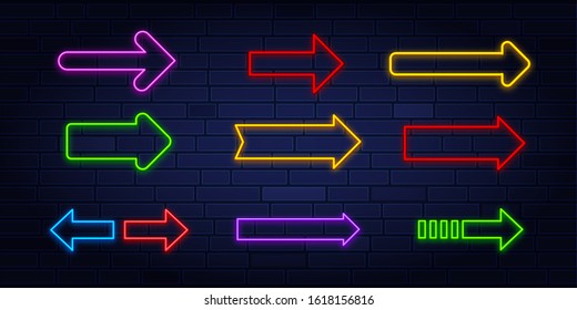 Set of neon frame star arrows pointers signs light electric banners glowing on black brick wall background, vector illustration