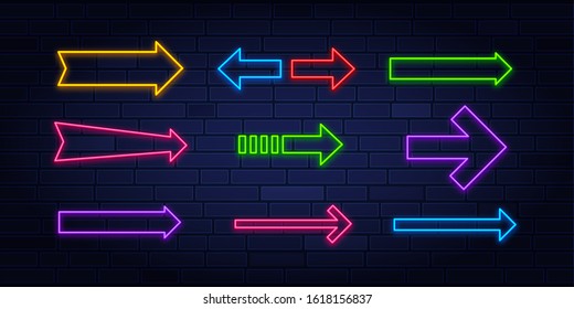 Satz Neonrahmen-Sternsternpfeile zeigen, hellelektrische Banner auf schwarzem Hintergrund, Vektorillustration Illustration
