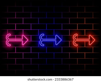 Juego de flechas de estrellas de marco de neón punteros señaliza banderas eléctricas ligeras brillando sobre fondo de pared de ladrillo negro, ilustración vectorial. verde, rojo, amarillo, rosa, azul, naranja