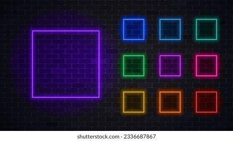 Set of neon frames. Colorful neon squares. Vector illustration