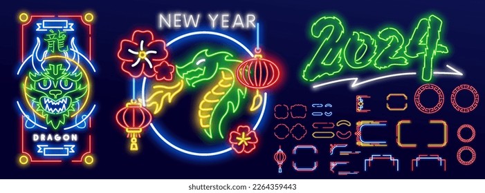 Set neon frames with dragons. Happy Chinese New Year 2024, Zodiac sign, year of the Green Wooden Dragon Chinese translation: Happy New Year, Dragon.