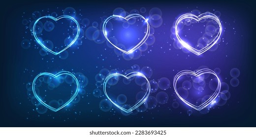 Set of neon frames in heart form with shining effects and sparkles on dark background. Empty glowing techno backdrop. Vector illustration