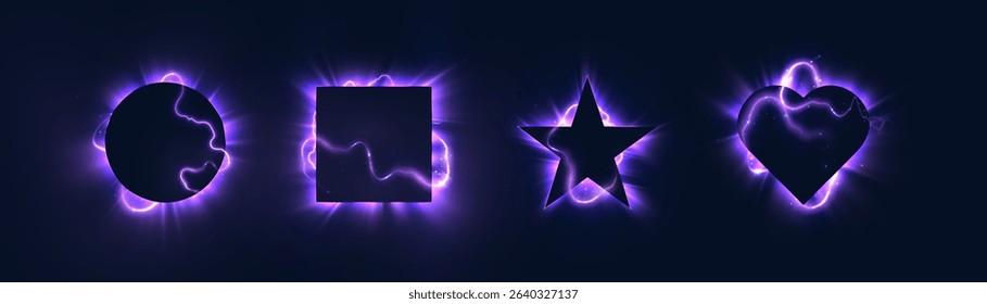 Set of neon frames with pulsating plasma glow and lightning: circle, square, star and heart on dark background. Vector Vibrant purple figures with bright glow.