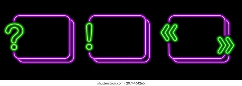 Set of neon frames with question mark, exclamation mark, quotes. Square text box template. Frames for quotes, polls, announcements. Vector illustration.