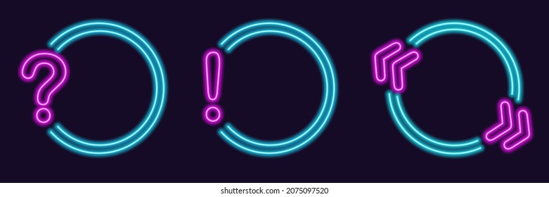 Set of neon frames with question mark, exclamation mark, quotes. Square text box template. Frames for quotes, polls, announcements. Vector illustration. svg