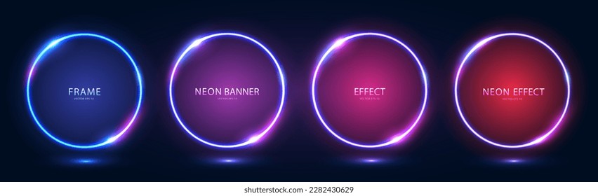 A set of neon frames with shining effects, highlights on a dark background. Round futuristic modern neon glowing banners. Vector illustration.