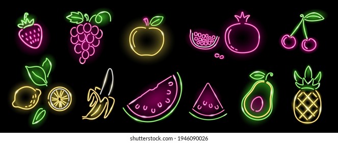 Conjunto de iconos de fruto de neón aislados en el fondo negro: manzana, sandía, plátano, piña, aguacate, cereza, fresa, granate, uva. Verano, vitamina, alimentos para la salud, concepto vegetariano. Vector 10 eps.