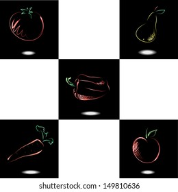 Set with neon fruit and vegetables