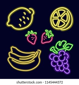 Set of neon fruits: lemon, strawberry, banana, grapes. Isolated on a dark background