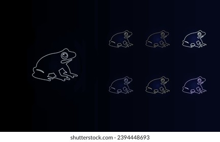 A set of neon funny frogs. Set of different color symbols, faint neon glow. Vector illustration on black background