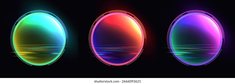Conjunto de marcos circulares futuristas de neón brillan con colores vibrantes del espectro, fijados contra un fondo negro con rayas de luz Horizontales para una mirada elegante del arte digital de la ciencia ficción de la alta tecnología