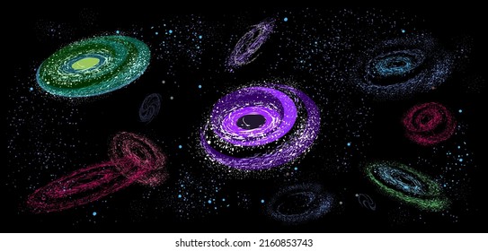 Conjunto de galaxias de neón de diferentes formas y colores. La Vía Láctea, galaxias espirales elípticas en el fondo del espacio negro. Ilustración astronómica.