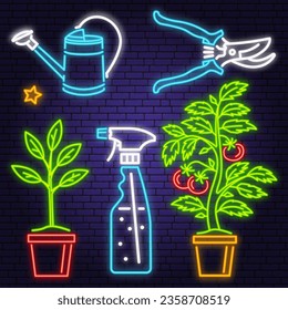 Set of neon garden tools and accessories icon. Vector. Colorful neon light design icon, hand secateurs, garden pruner, watering can, sprayer, potted tomato seedlings, leaf.