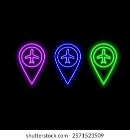 Set of neon geo location pin icon in four different colors isolated on black background. Square text template. Navigation, destination point, geotag, locate, map concept. Night sign style.