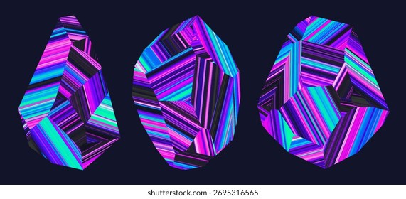 Set of neon geometric crystals made of parallel thin glowing lines. Polygonal crystalline digital forms refracts digital light into rhythmic geometric patterns for poster design or creative concepts