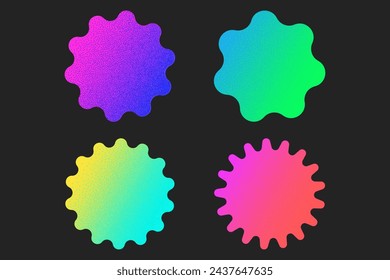 Set of neon geometric stickers with textured stipple effect isolated on a dark background. Gradient uneven shapes of bright colors in Y2K style, 90s, design template, mockup.
