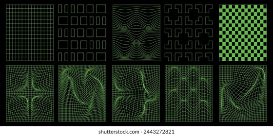 Conjunto de rejillas geométricas de alambre de neón. Rejillas distorsionadas basadas en motivos psicodélicos. Ilustración vectorial moderna de la década de 2000.