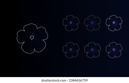A set of neon geraniums. Set of different color symbols, faint neon glow. Vector illustration on black background