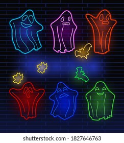 Set neon ghosts, bats and autumn leaf. Concept Halloween, monster, spirit. Character halloween from another world. Bright neon sign boards, light banner. Vector illustration.
