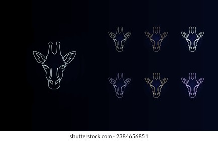 A set of neon giraffe head symbols. Set of different color symbols, faint neon glow. Vector illustration on black background