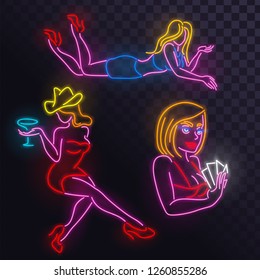 Set of neon girls on a transparent background, casino, strip club, night club, bar