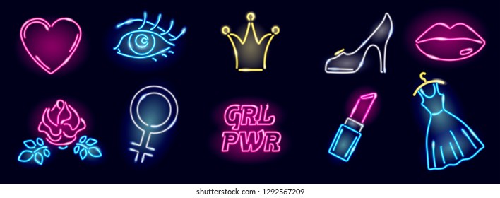 Set Of Neon Girly Icons On Dark Background. Girl Power, Fashion Or Feminism Elements Of Design: Heart, Eye, Rose, Venus Mirror, Crown, Heel, Lips, Dress, Lipstick. Vector 10 EPS Illustration.