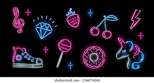 Set Of Neon Girly Icons On Black Background: Unicorn, Diamond, Cherry, Donut, Strawberry, Lightning, Lollypop. Fashion, Girl, Childish Concept. Night Signboard Style. Vector 10 EPS Illustration.
