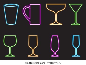 Set of neon glass icons on black  background.Vector EPS10 illustration.