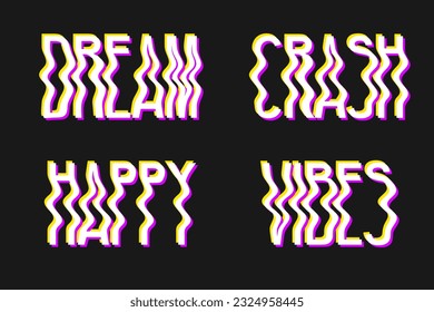 Set of neon glitch lettering. 3D blurry fluid lettering with a trendy glitch effect on a dark background. Fashionable distorted lettering, ideal for printing on postcards and clothing.
