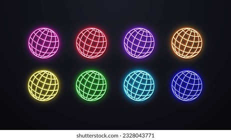 A set of neon globes icons. Logo of the planet earth in different colors.