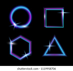 Set of neon glow light.Glow abstract background.Vector glitch effect.Modern frame.Abstract bright neon loop with transparency.Colorful shine, flare.Advertising.Round,circle,square.Rave poster.