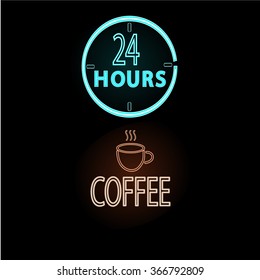 Set of neon glow signs. Coffee, open 24.  Vector illustration