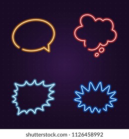 set of neon glow speech bubbles on dark background