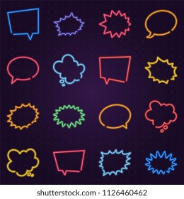set of neon glow speech bubbles on dark background