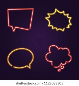 set of neon glow speech bubbles on dark background
