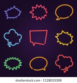 set of neon glow speech bubbles on dark background