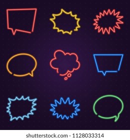 set of neon glow speech bubbles on dark background