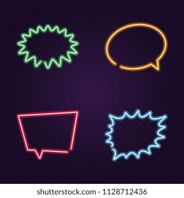 set of neon glow speech bubbles on dark background