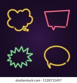 set of neon glow speech bubbles on dark background