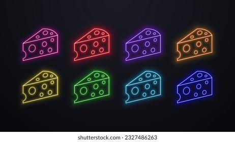 A set with neon glowing 3d cheese icons with holes in the colors: yellow, blue, orange, blue, pink, purple and green on a dark background.