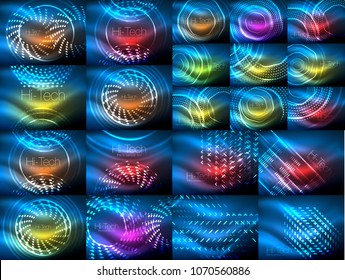 Set of neon glowing abstract backgrounds bright glowing blur lines. Vector illustration. Futuristic digital style glow neon disco club concept or night party idea