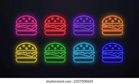 A set with neon glowing bright burgers in different colors on a dark background. Signboard and logo for fast food.
