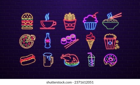 A set of neon glowing bright icons of fast food for a restaurant, cafe, bar and snack bars on a brick wall background in the colors blue, green, yellow and red.