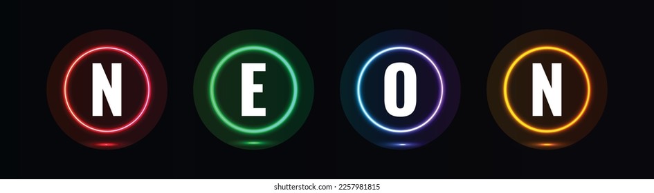 Set of Neon glowing circles with 4 colors variation Red Blue Green Yellow. Abstract futuristic circular illuminated frame in dark background with copy space. Vector eps 10