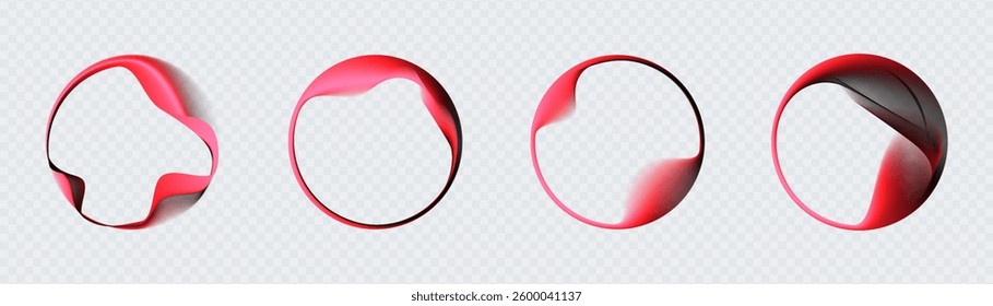 Set of neon glowing circles with gradient transition isolated on white background. Colorful bright template of wavy dynamic lines in ring shape.