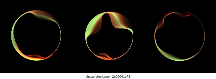 Set of neon glowing circles with gradient transition isolated on black background. Colorful bright template of wavy dynamic lines in ring shape.