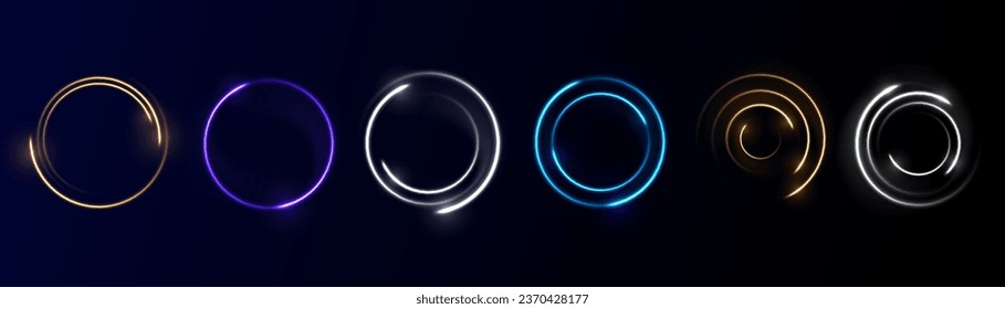 Conjunto de círculos neones brillantes. Anillos brillantes sobre fondo oscuro. Ilustración del vector